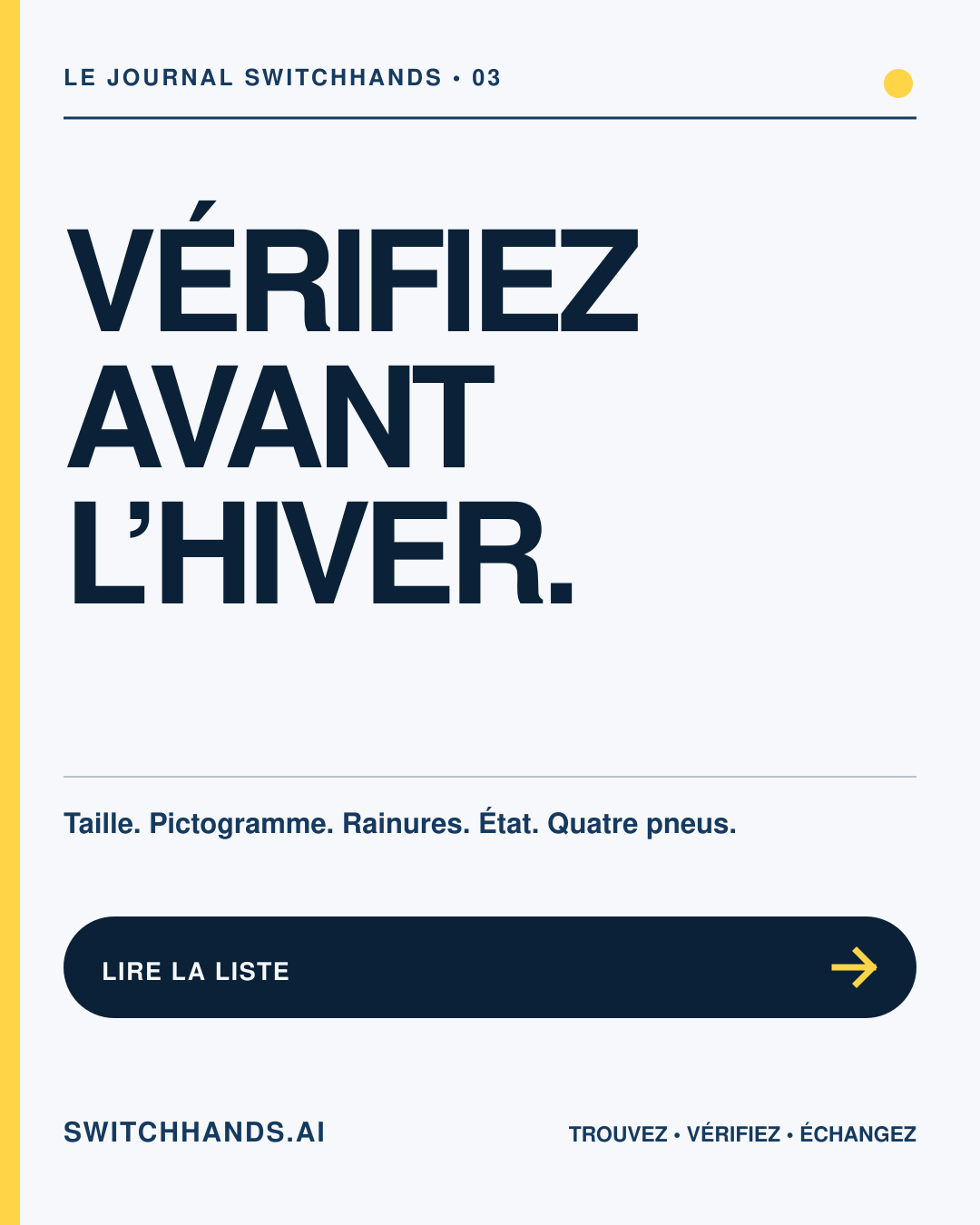 Affiche minimaliste SwitchHands indiquant Vérifiez avant l'hiver en bleu profond avec un accent jaune