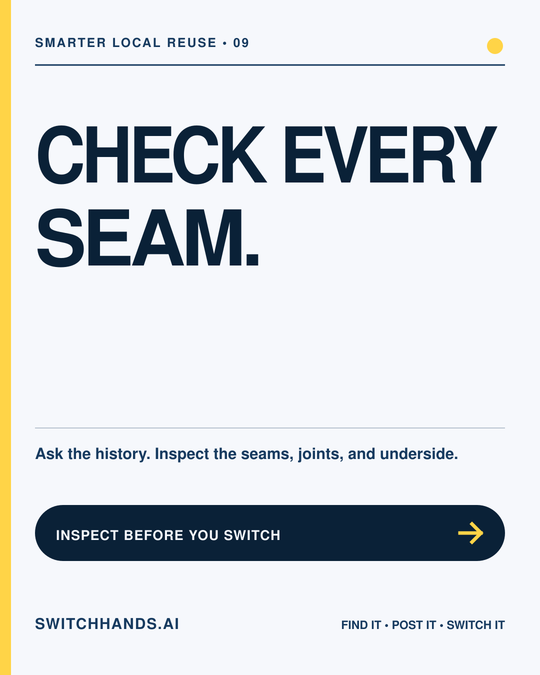 Minimal SwitchHands Journal graphic reading Check Every Seam with a yellow inspection line on a white background