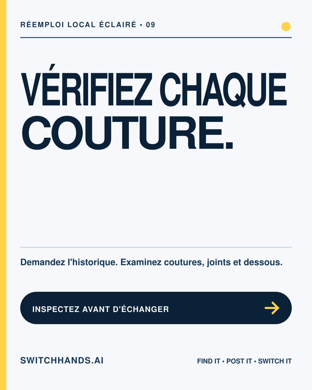 Graphisme minimaliste du Journal SwitchHands indiquant Vérifiez chaque couture avec une ligne d'inspection jaune sur fond blanc