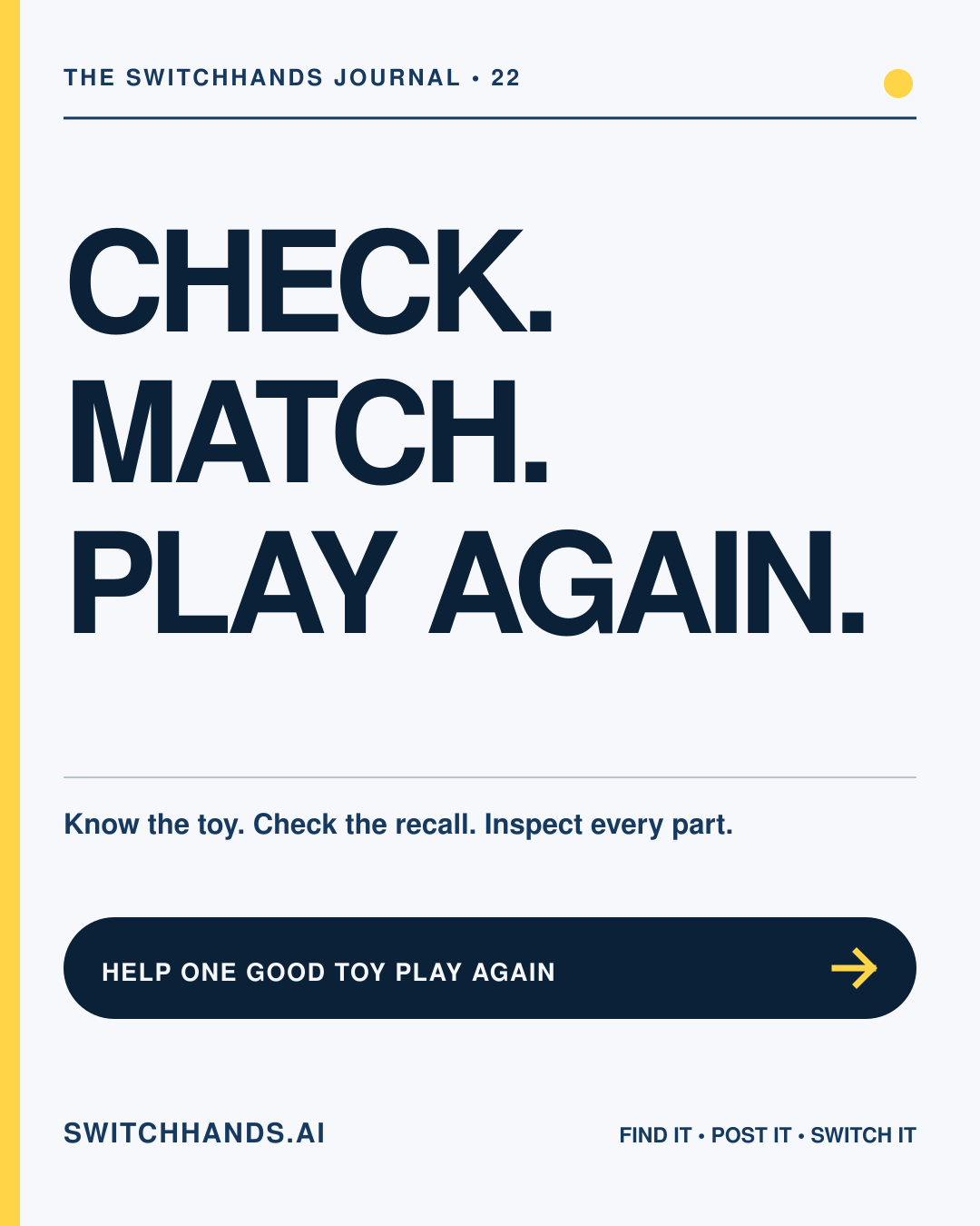 Minimal SwitchHands Journal graphic reading Check Match Play Again with one yellow exchange mark