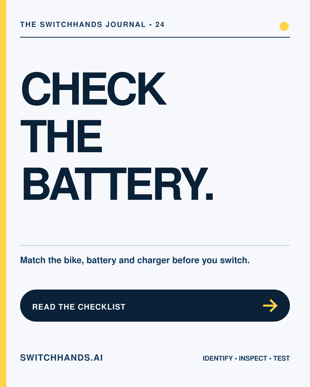 Minimal SwitchHands poster reading Check the Battery in deep blue with a yellow exchange accent