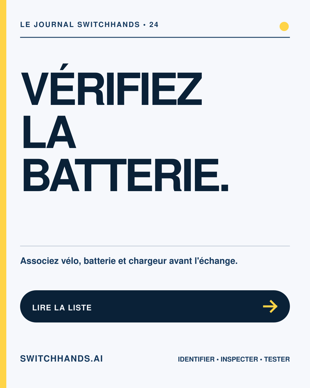 Affiche minimaliste SwitchHands indiquant Vérifiez la batterie en bleu profond avec un accent d'échange jaune
