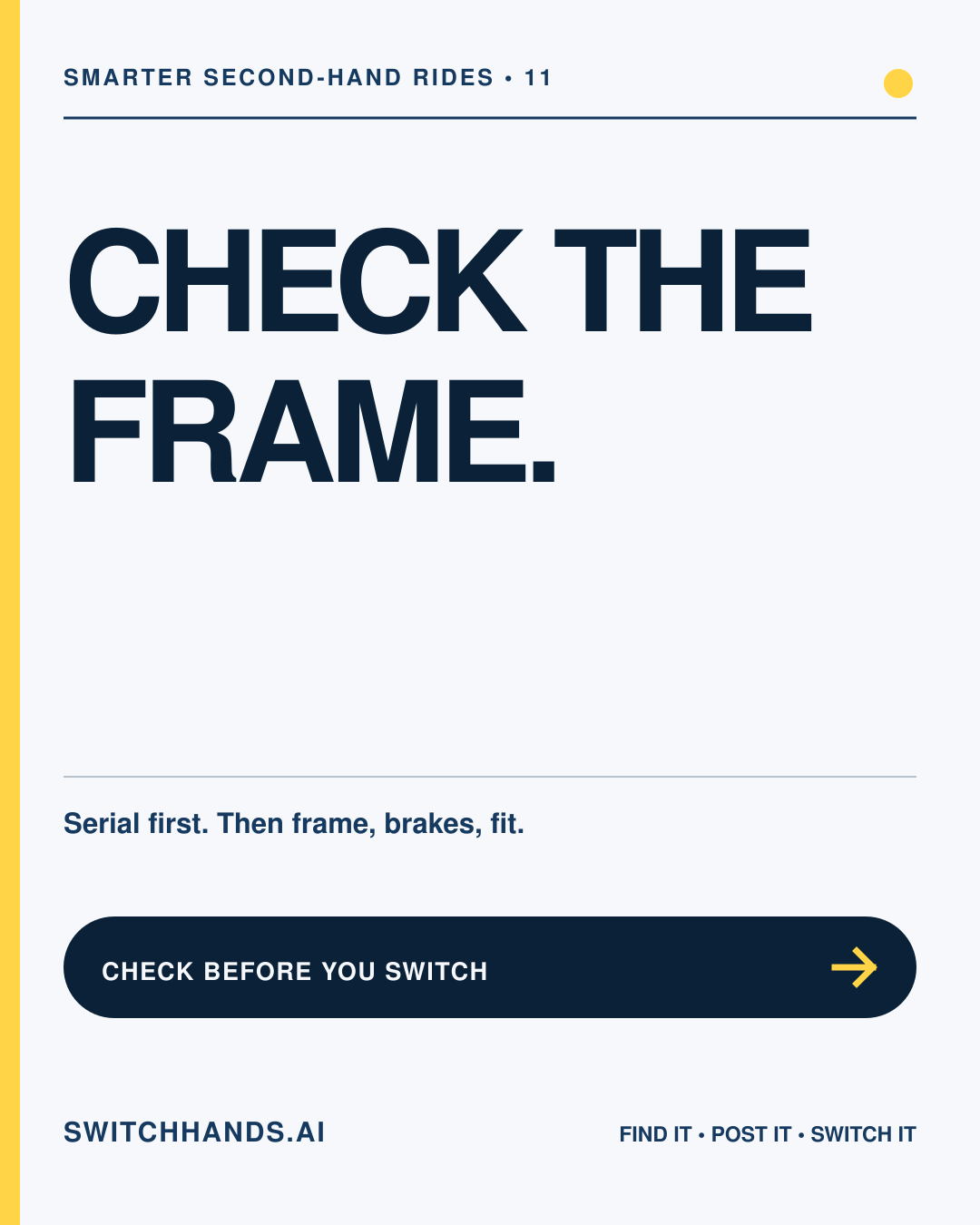 Minimal SwitchHands Journal graphic reading Check the Frame with a yellow exchange detail