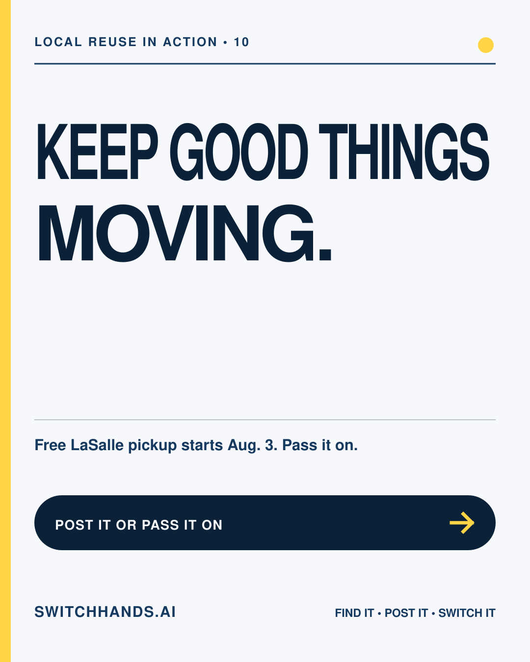 Minimal SwitchHands Journal graphic reading Keep Good Things Moving with a yellow exchange arrow