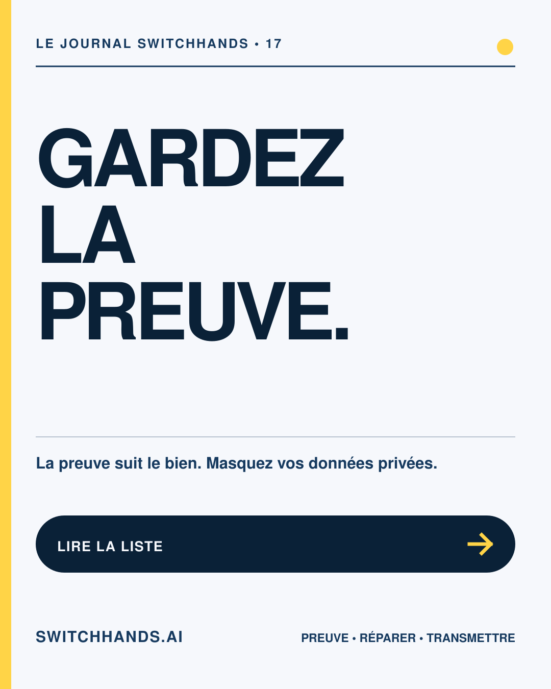 Affiche minimaliste SwitchHands indiquant Gardez la preuve en bleu profond avec un accent d'échange jaune