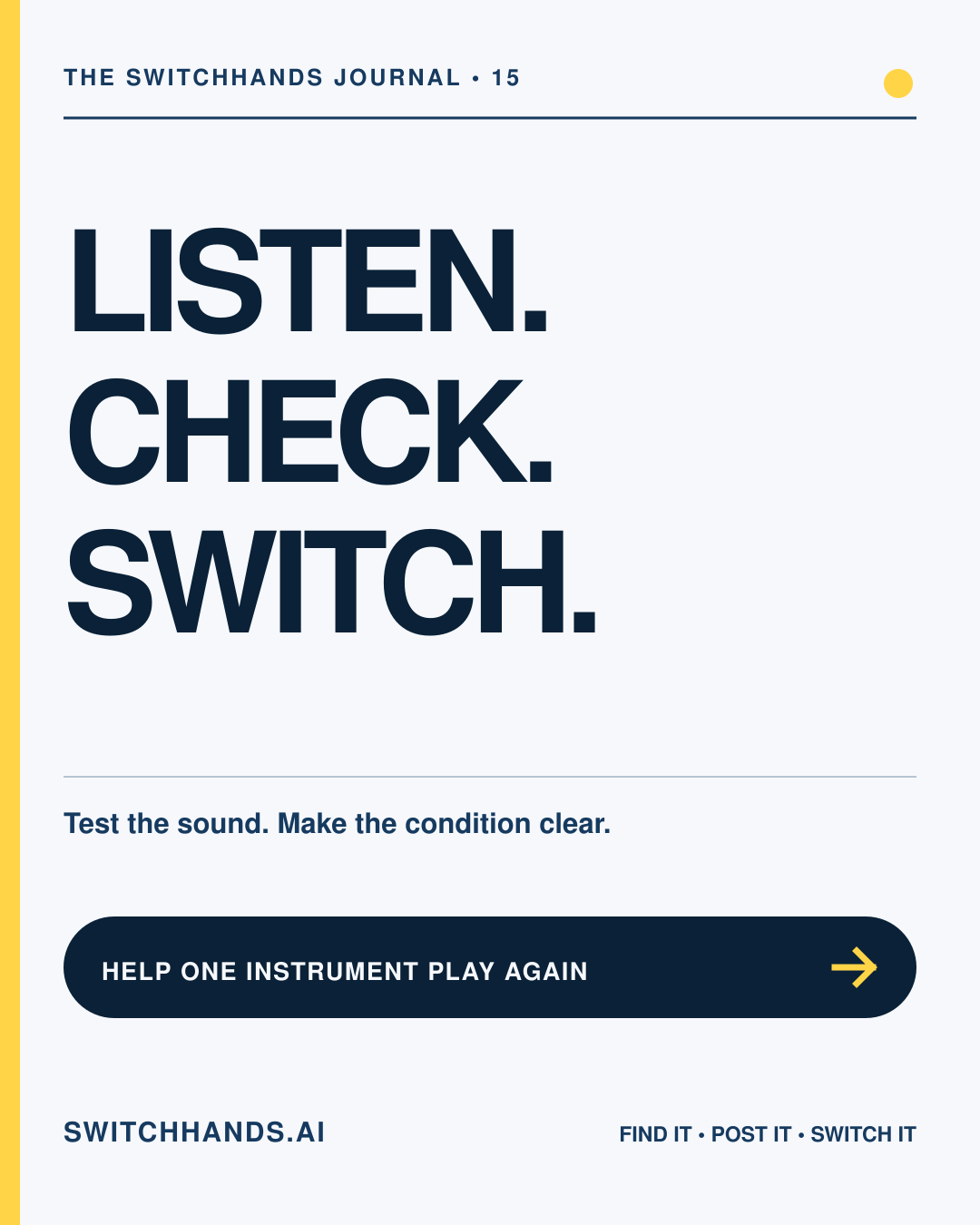 Minimal SwitchHands Journal graphic reading Listen Check Switch with one yellow exchange circle