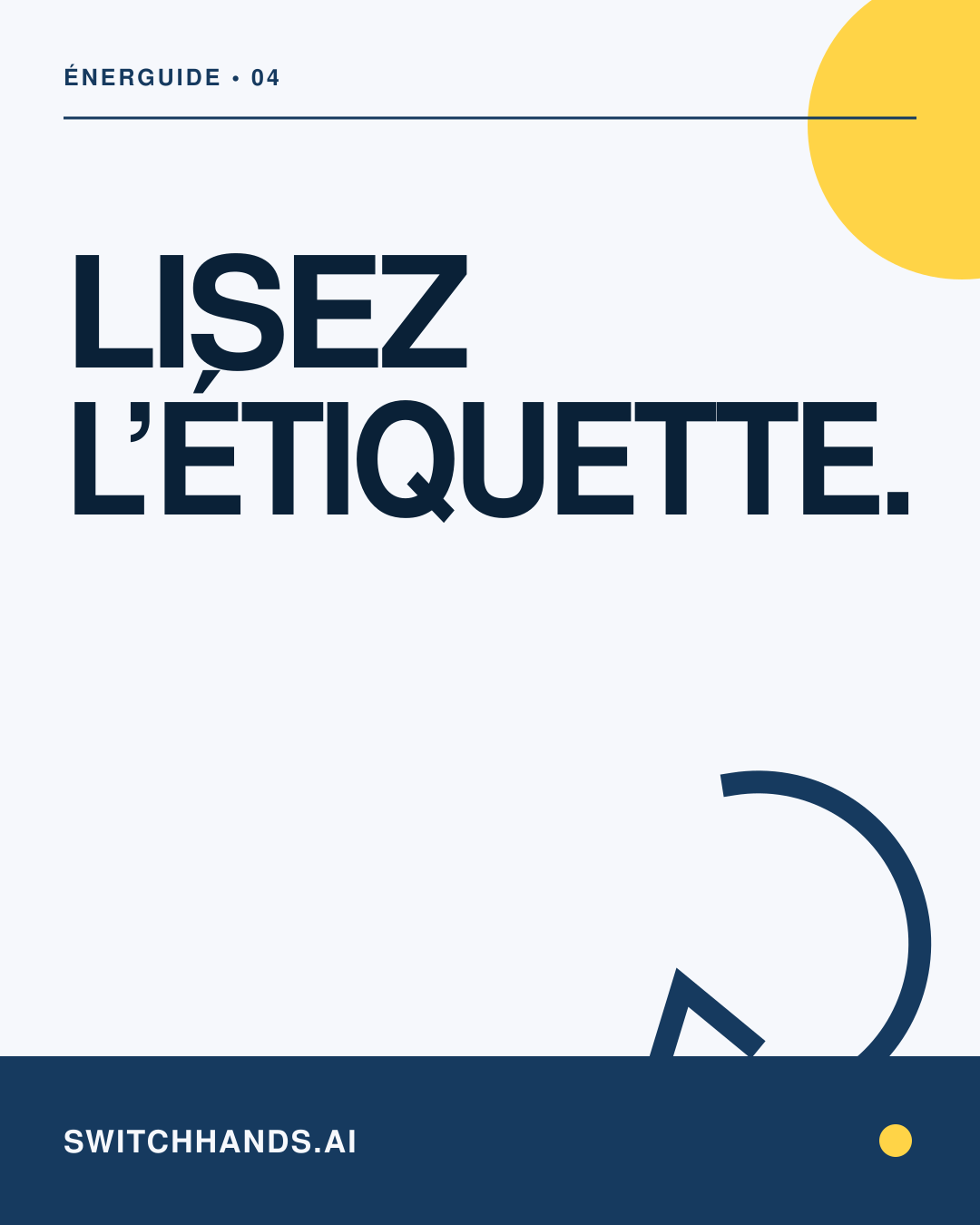 Graphisme minimaliste SwitchHands indiquant Lisez l’étiquette en bleu profond avec un cercle d’échange jaune