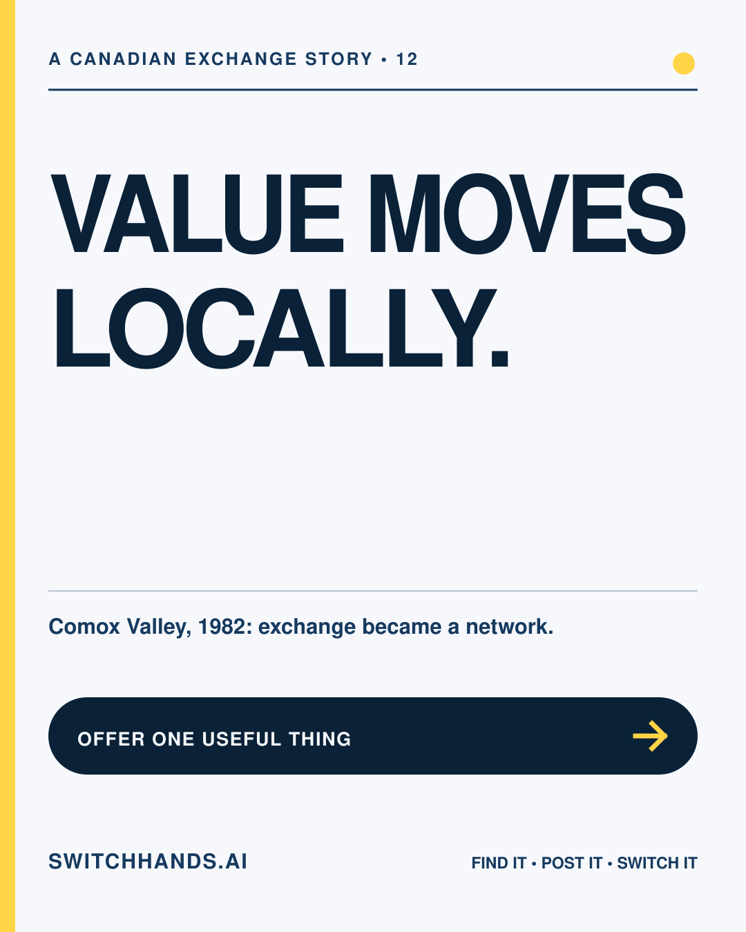 Minimal SwitchHands Journal graphic reading Value Moves Locally with one yellow exchange arrow